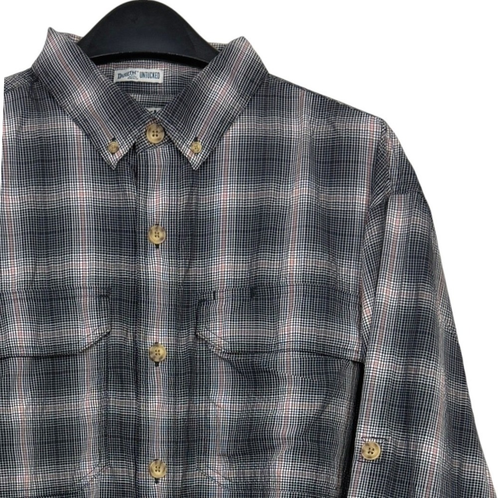 Duluth Trading Co Untucked NYLON Mens L Fishing Shirt Roll Sleeve Black Plaid